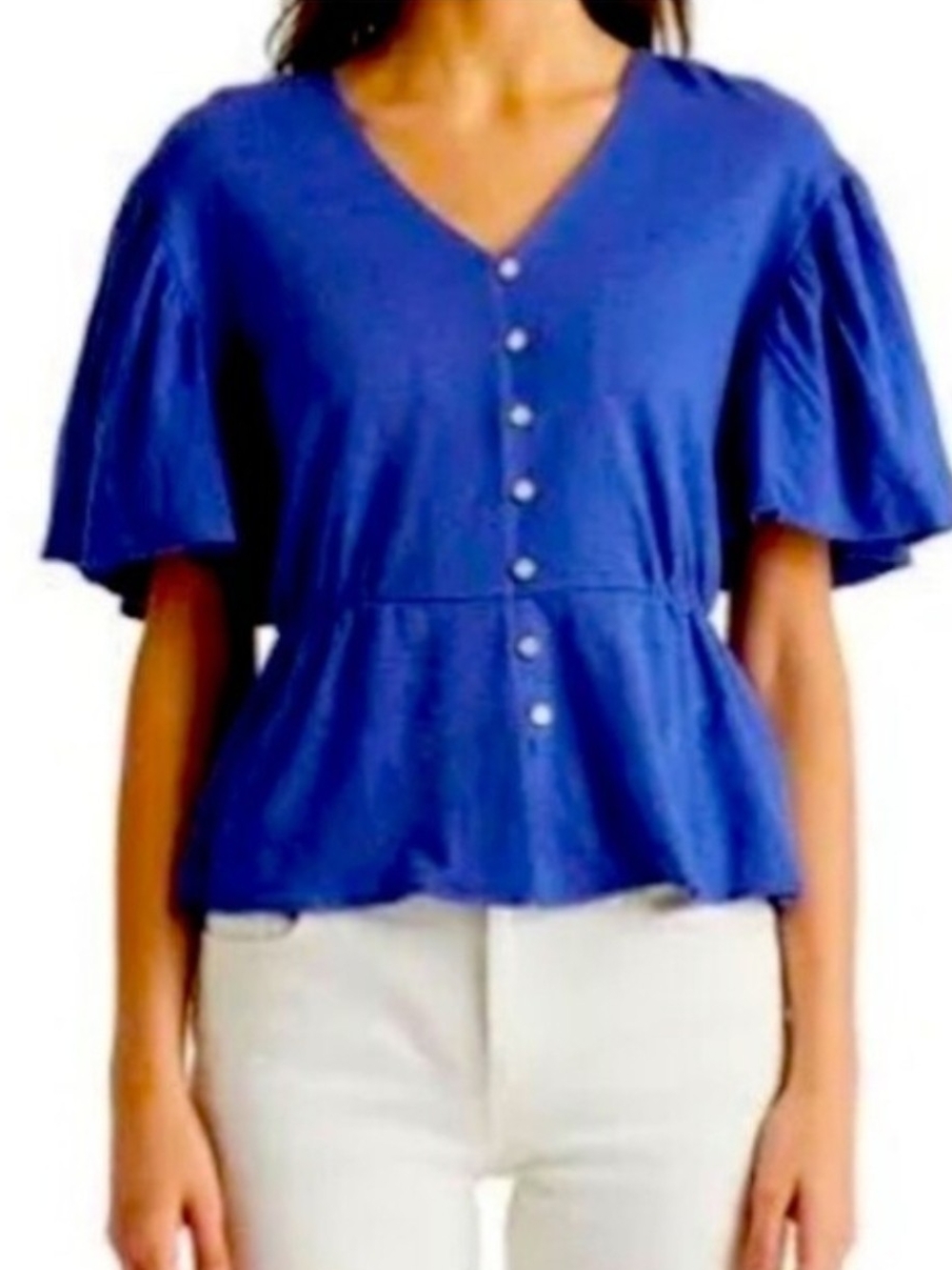 Lauren Ralph Lauren Black Label Crop Top Blouse Women's MP Blue Balloon Sleeve